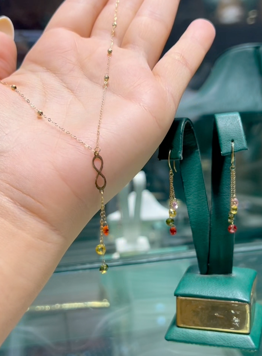 Ensemble en Or 18k infini Arc en CIel ( Collier et Boucles D'oreilles )